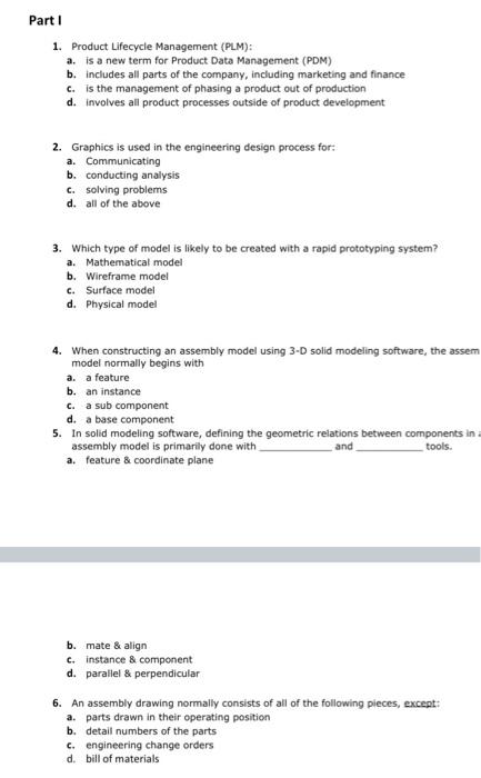 Solved Part 1 1. Product Lifecycle Management (PLM): a. is a | Chegg.com