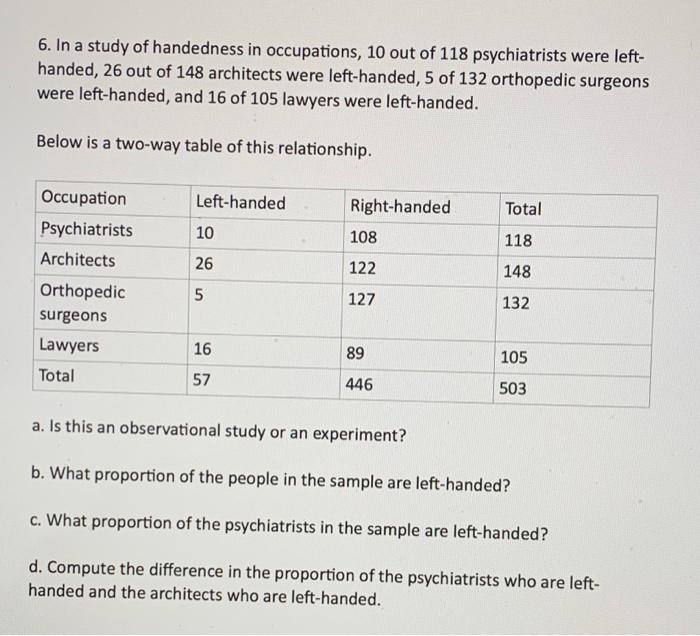 Solved 6. In a study of handedness in occupations, 10 out of | Chegg.com