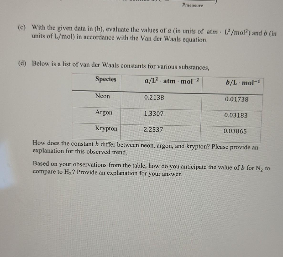 Solved The Van Der Waals Equation Of State Provides A | Chegg.com