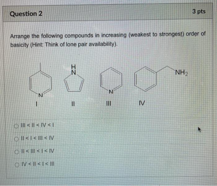Solved Question 2 3 pts Arrange the following compounds in | Chegg.com