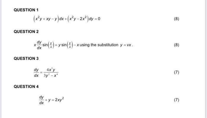 Solved QUESTION 1 (x2y+xy−y)dx+(x2y−2x2)dy=0 QUESTION 2 | Chegg.com