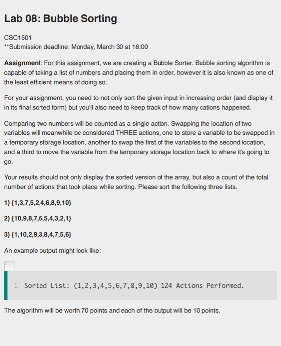 Solved Lab 08: Bubble Sorting CSC1501 **Submission deadline: | Chegg.com