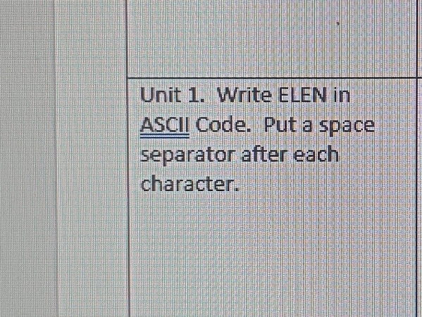 Solved Unit 1. Write ELEN in ASCII Code. Put a space | Chegg.com
