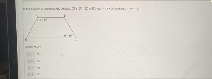 Solved In The Diagram Of Trapezoid ABCD Below. AB || DC. AD | Chegg.com