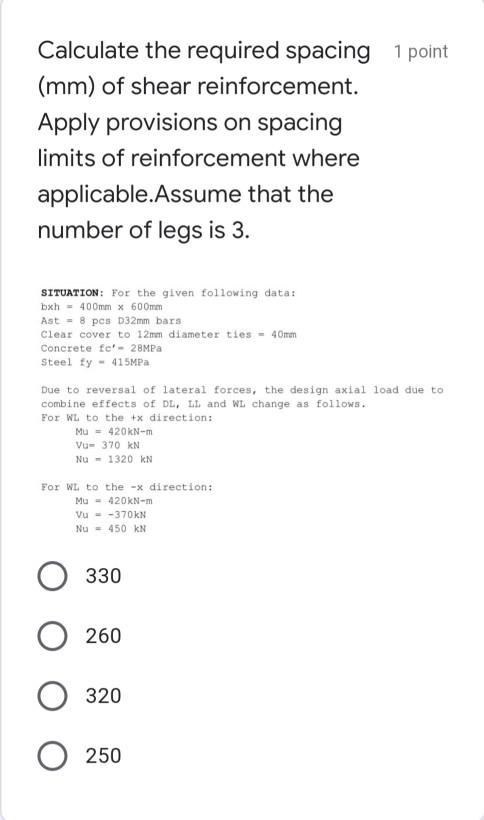 Solved Calculate the required spacing 1 point (mm) of shear | Chegg.com