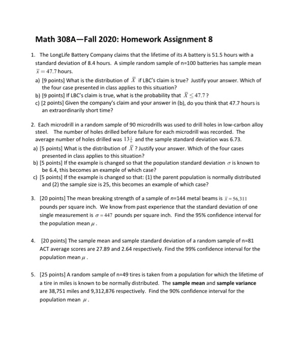 Math 308A-Fall 2020: Homework Assignment 8 1. The | Chegg.com