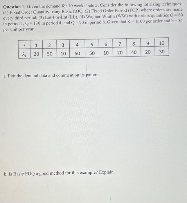 Solved Question 1: Given the demand for 10 weeks below. | Chegg.com