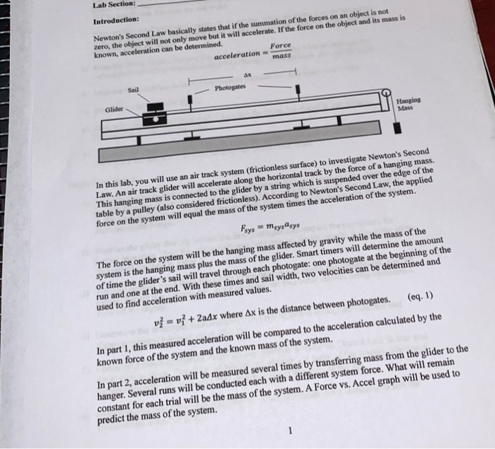 Solved Lab Section: Introduction: Newton's Second Law | Chegg.com