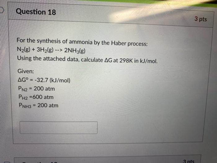 Solved Question 18 3 pts For the synthesis of ammonia by the | Chegg.com
