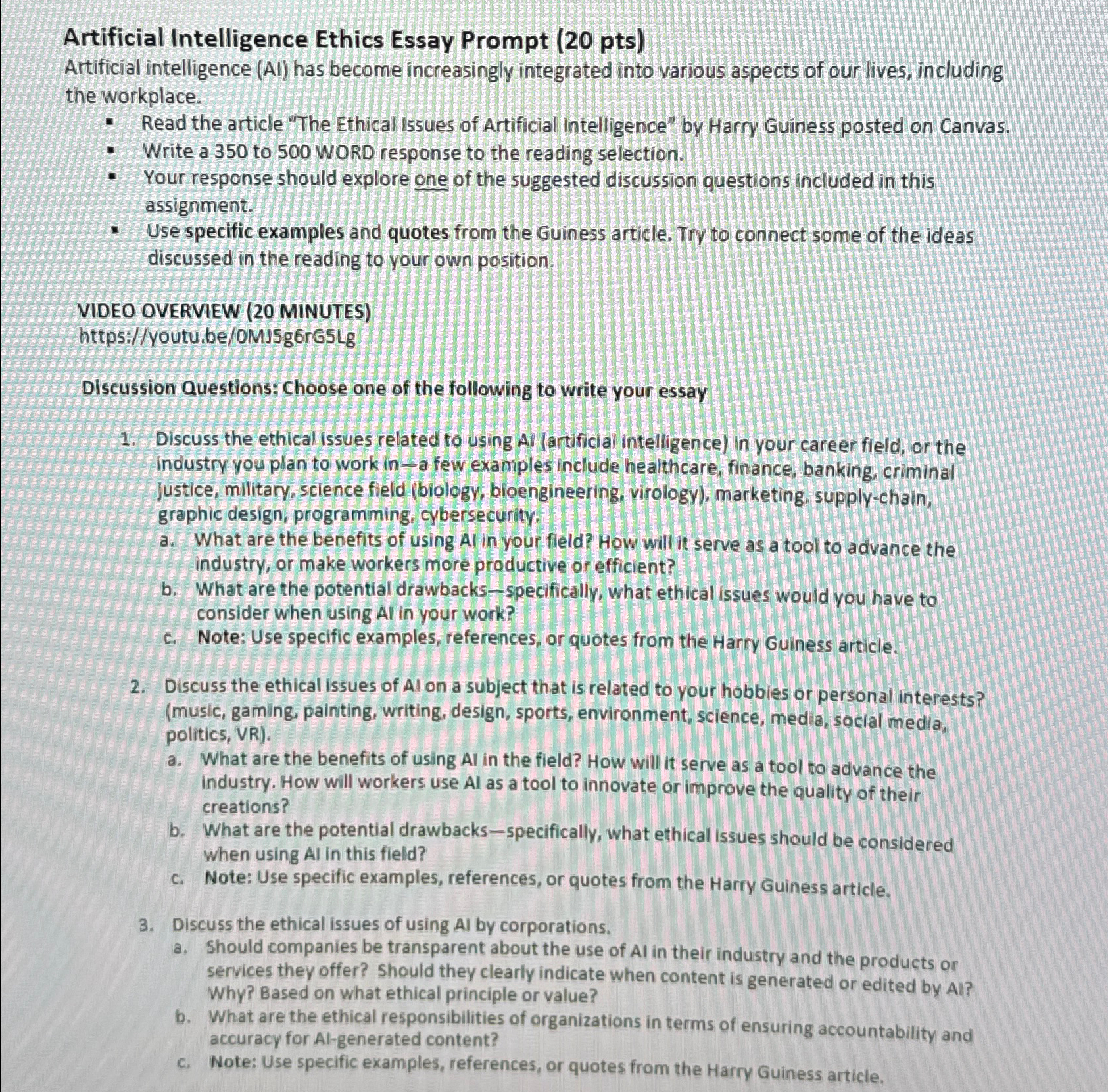 Solved Artificial Intelligence Ethics Essay Prompt (20 | Chegg.com