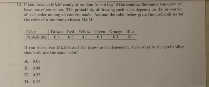 Solved 2. If you draw an M&M candy at random from a bag of