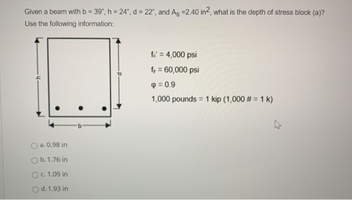 Solved Given A Beam With B = 39", H = 24", D = 22", And As | Chegg.com