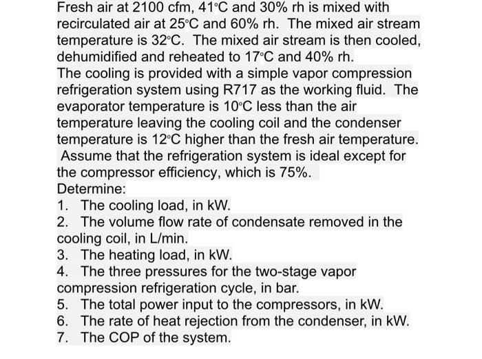 Solved Fresh air at 2100 cfm, 41°C and 30% rh is mixed with | Chegg.com