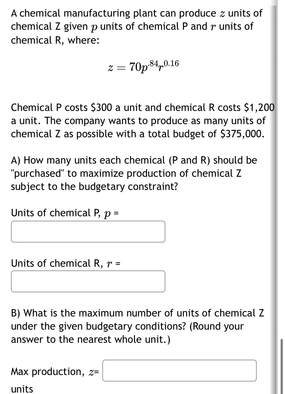 A chemical manufacturing plant can produce z ﻿units | Chegg.com