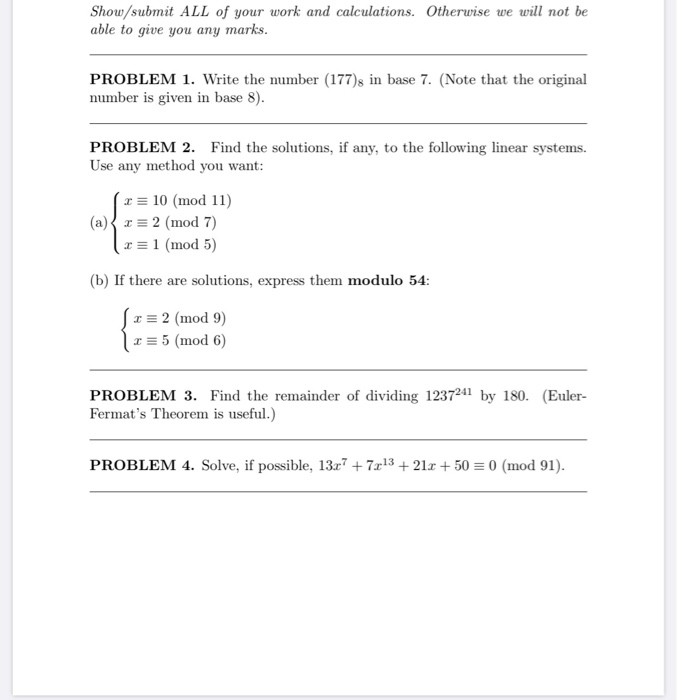 Solved Show submit ALL of your work and calculations. | Chegg.com