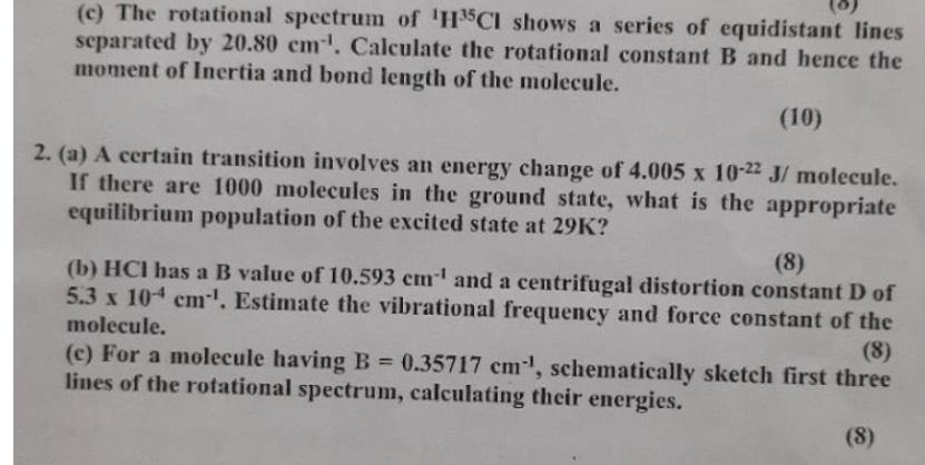 Solved (c) ﻿The rotational spectrum of ?1H35Cl ﻿shows a | Chegg.com