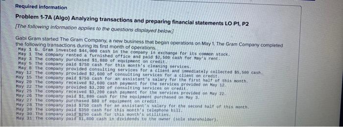 Solved Required information Problem 1-7A (Algo) Analyzing | Chegg.com