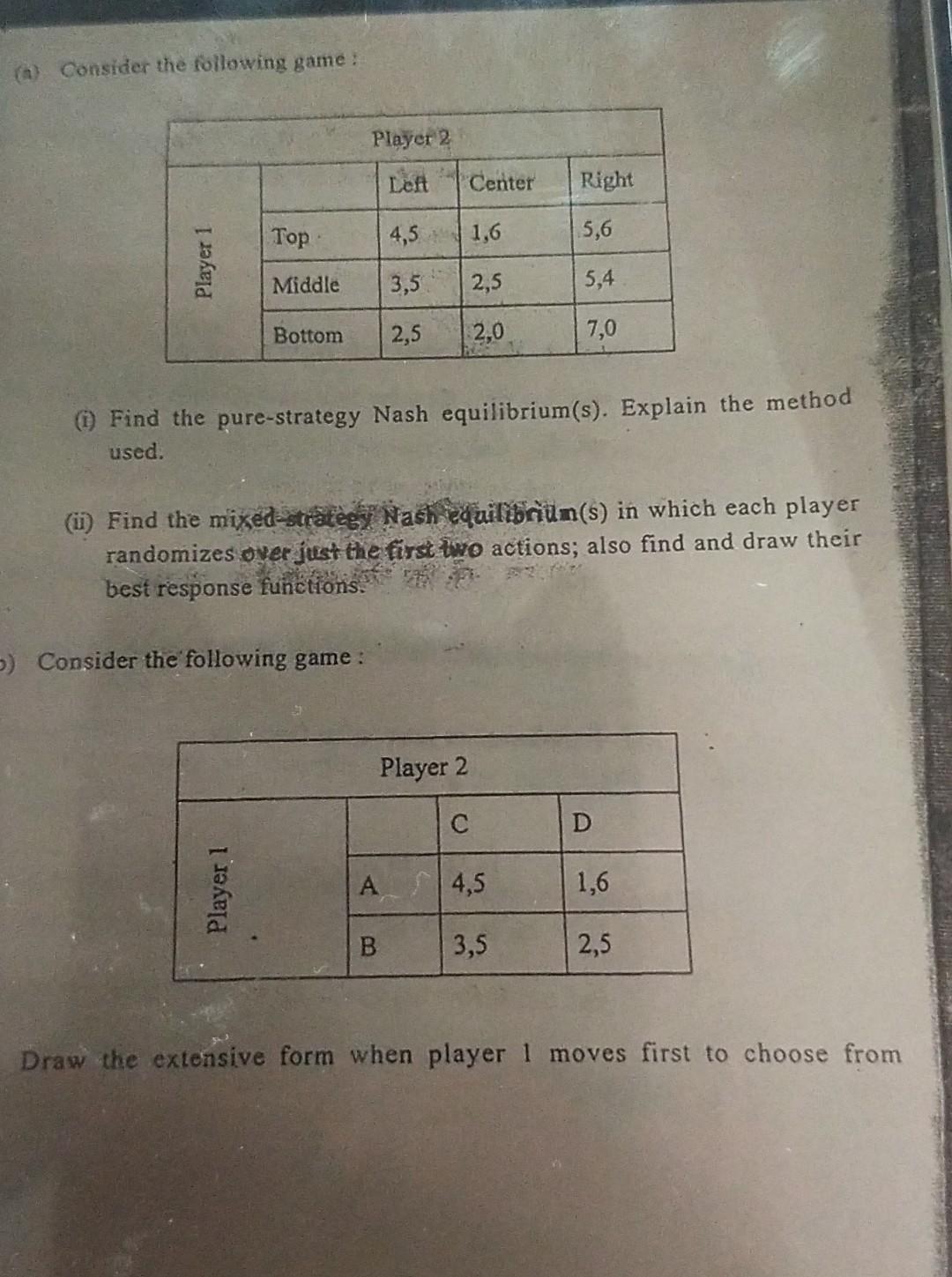 Solved (n) Consider The Following Game: Player 2 Lent Center | Chegg.com