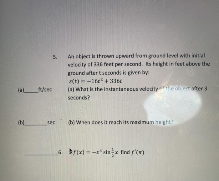 Solved 5. An object is thrown upward from ground level with | Chegg.com