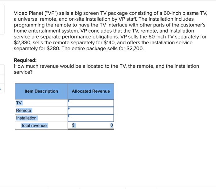 Solved Video ("VP") sells a big screen TV package