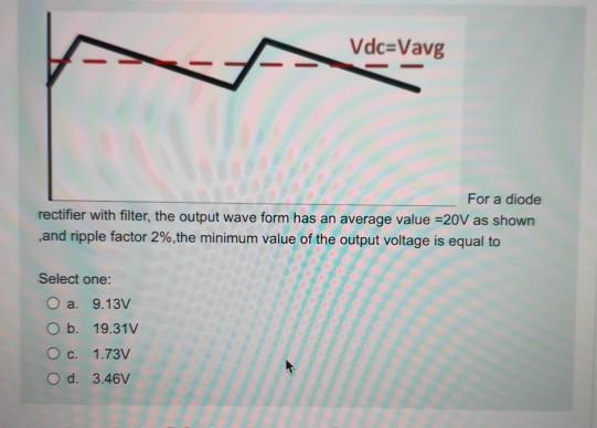 Solved A Vdc=Vavg For a diode rectifier with filter, the | Chegg.com