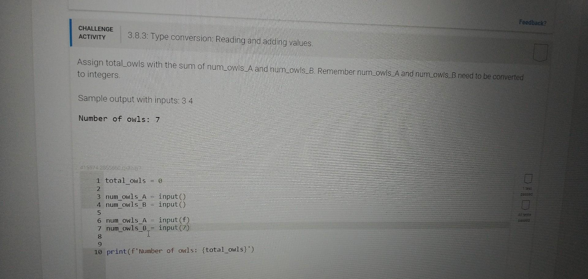 Solved CHALLENGE ACTIVITY Assign total_owls with the sum of | Chegg.com