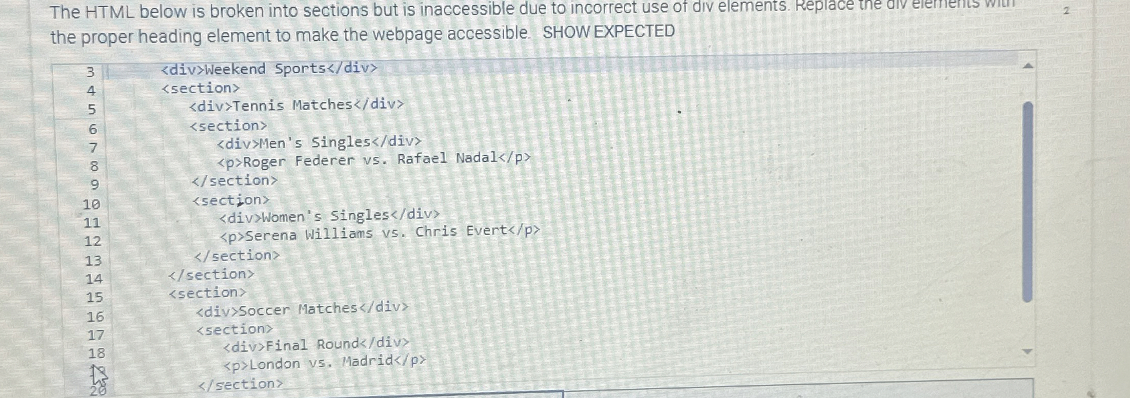 Solved The HTML below is broken into sections but is | Chegg.com