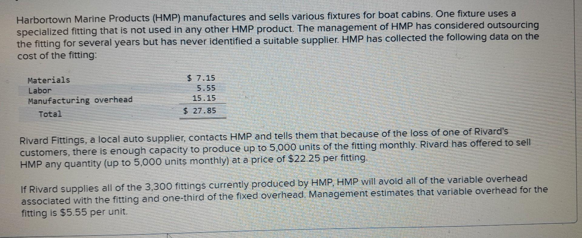 Harbortown Marine Products (HMP) manufactures and sells various fixtures for boat cabins. One fixture uses a specialized fitt