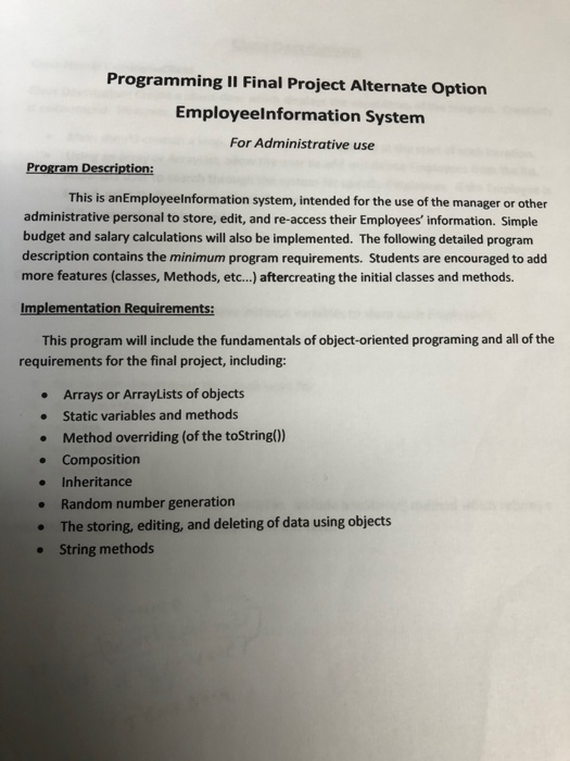 Solved Programming II Final Project Alternate Option | Chegg.com