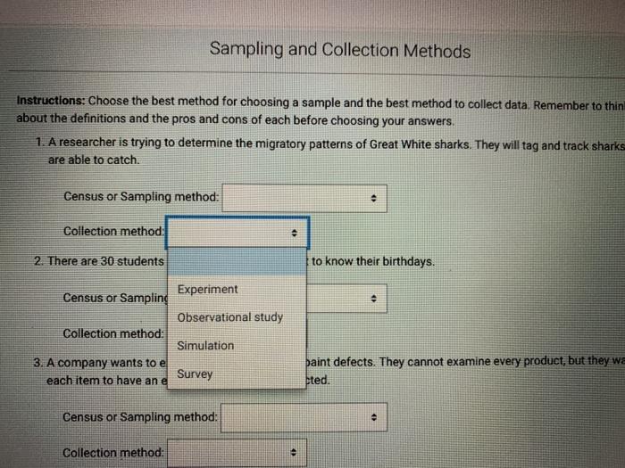 Solved Sampling And Collection Methods Instructions: Choose | Chegg.com