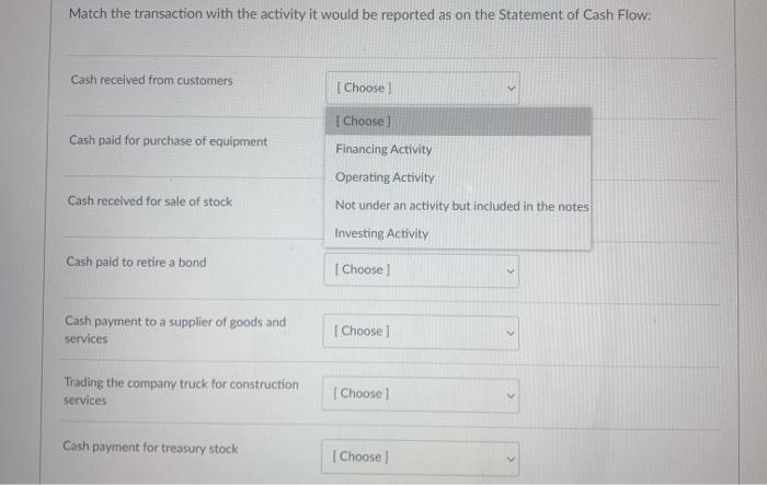 Solved Match the transaction with the activity it would be | Chegg.com