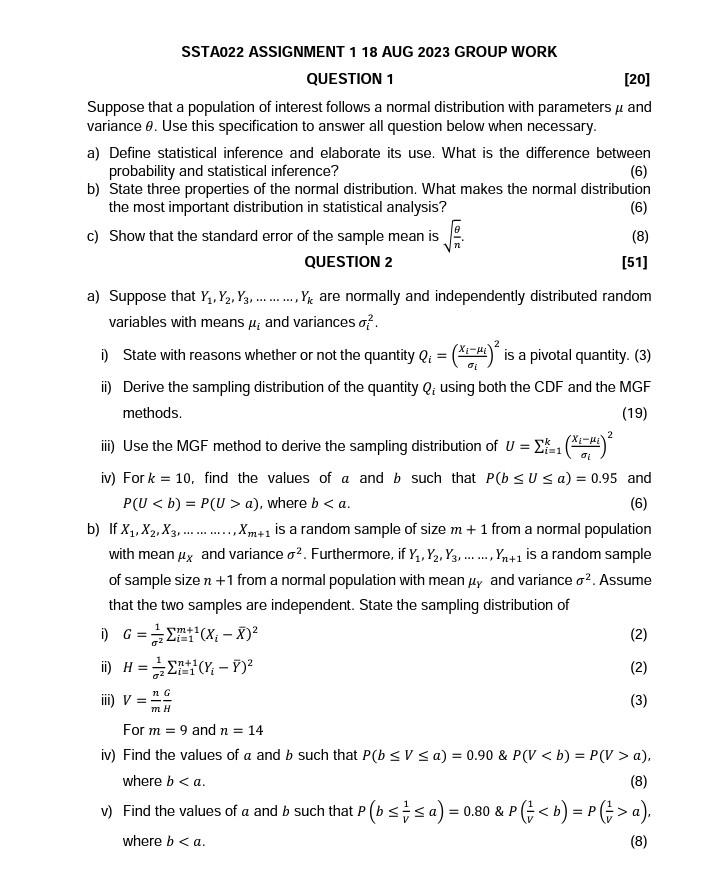 Statistical Inference Questions Bank Solved SSTA022 ASSIGNMENT 118 AUG 2023 GROUP WORK QUESTION 1 | Chegg.com