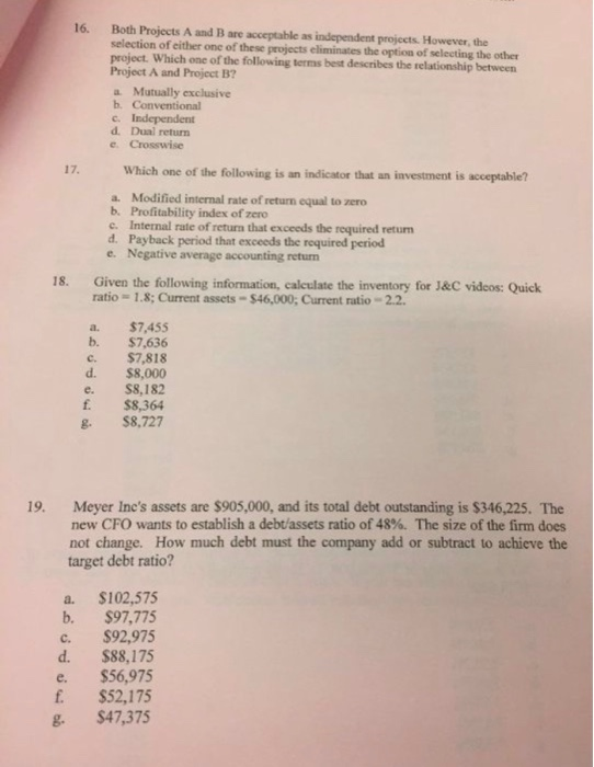 Solved 16. Both Projects A And B Are Acceptable As | Chegg.com