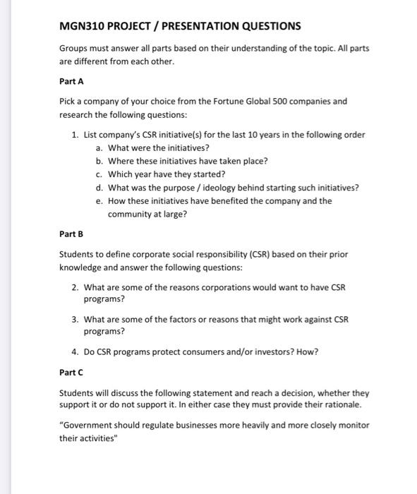 Solved MGN310 PROJECT / PRESENTATION QUESTIONS Groups must | Chegg.com