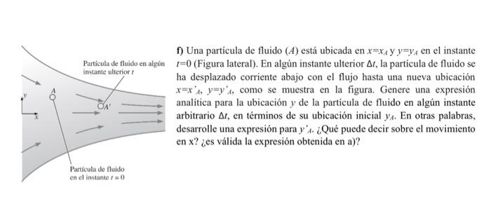 f) Una particula de fluido \( (A) \) está ubicada en \( x=x_{A} \) y \( y=y_{A} \) en el instante \( t=0 \) (Figura lateral).