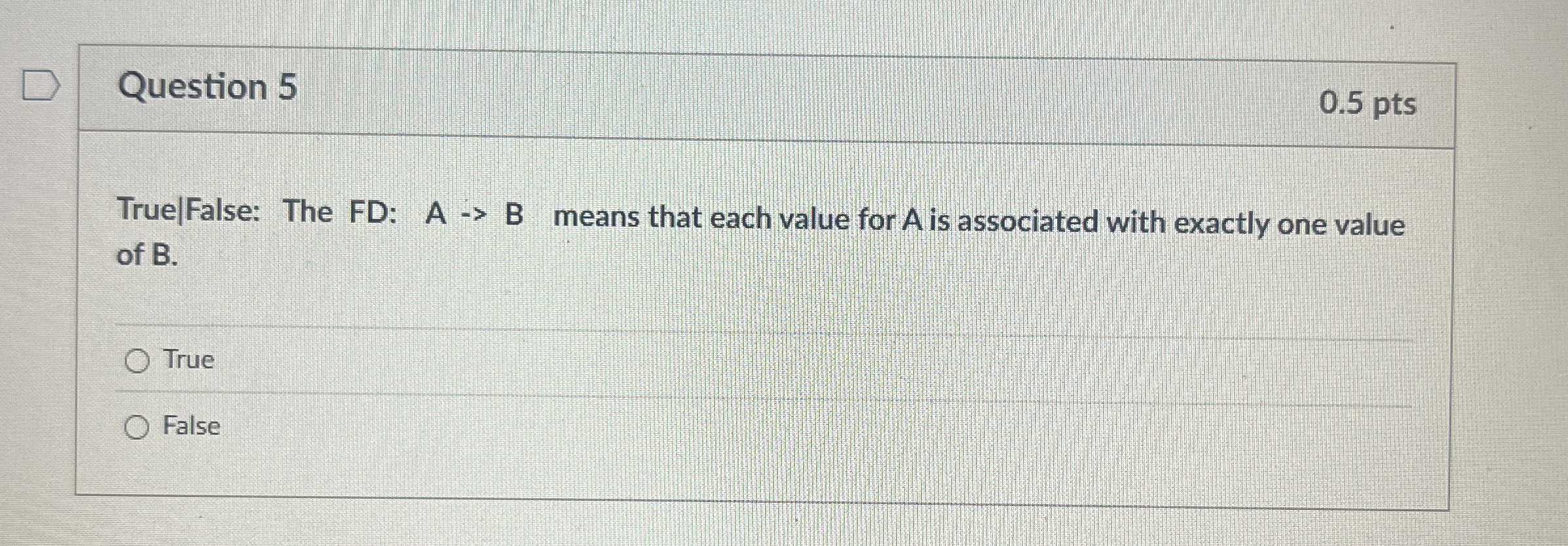 Solved Question 50.5 ﻿ptsTrueFalse The FD A → ﻿B means