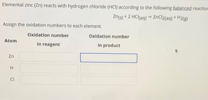 Solved Elemental zinc (Zn) reacts with hydrogen chloride | Chegg.com