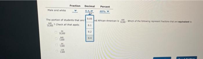 Fraction
Male and white
The portion of students that are
640
T66? Check all that apply.
64
16,000
640
1,600
64
1,600
128
1,60