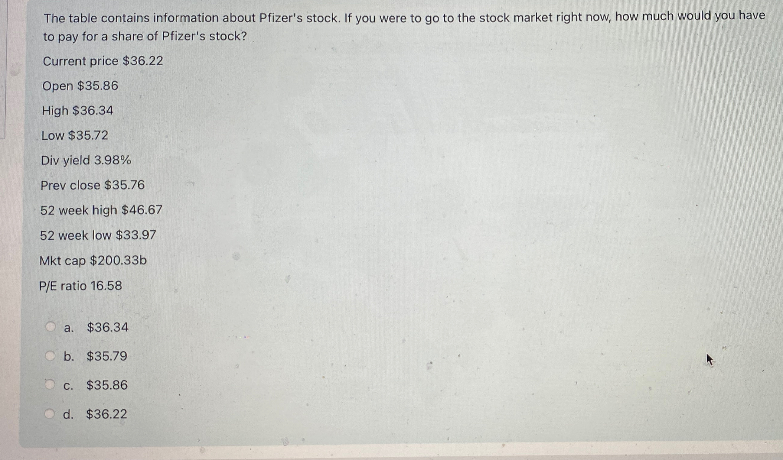 Solved The table contains information about Pfizer's stock. | Chegg.com