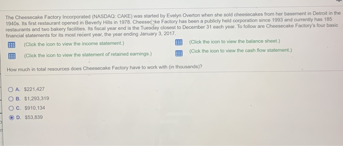 Solved The Cheesecake Factory Incorporated (NASDAQ: CAKE) | Chegg.com