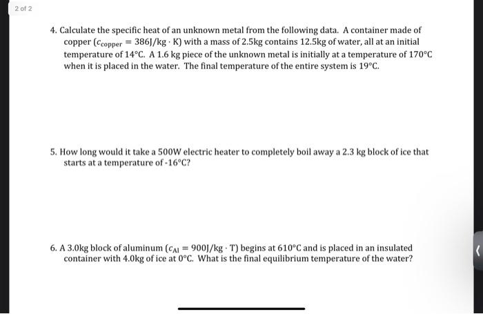 Solved 4. Calculate the specific heat of an unknown metal | Chegg.com