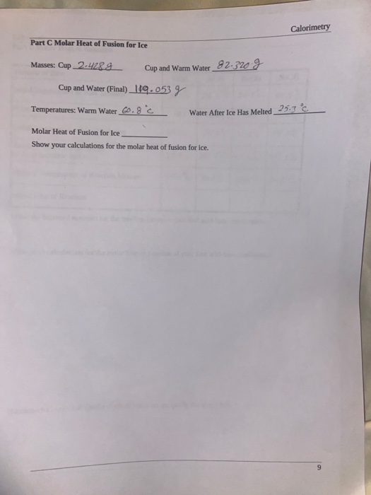Calorimetry Calorimetry Report Sheet Part A Specific