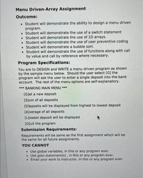 Solved Menu Driven-Array Assignment Outcome: - Student will | Chegg.com
