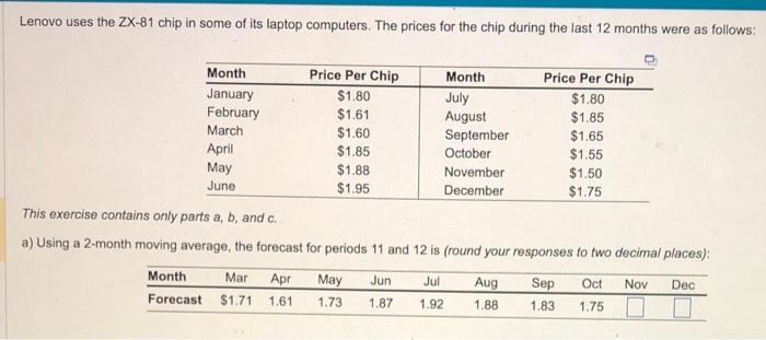 Lenovo uses the ZX-81 chip in some of its laptop computers. The prices for the chip during the last 12 months were as follows