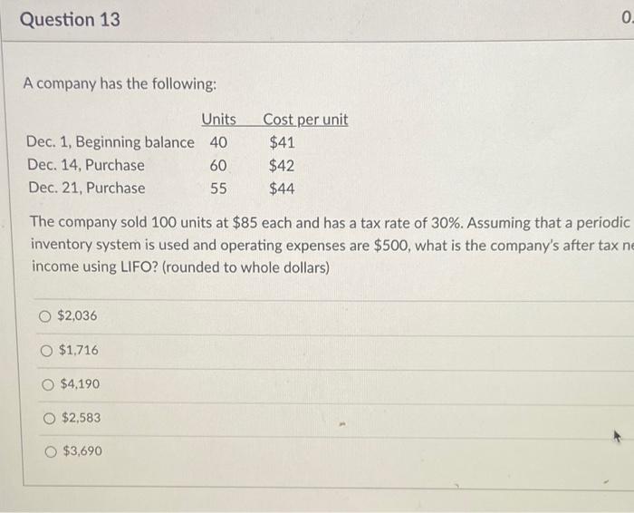 Solved Question 13 0. A company has the following: Units