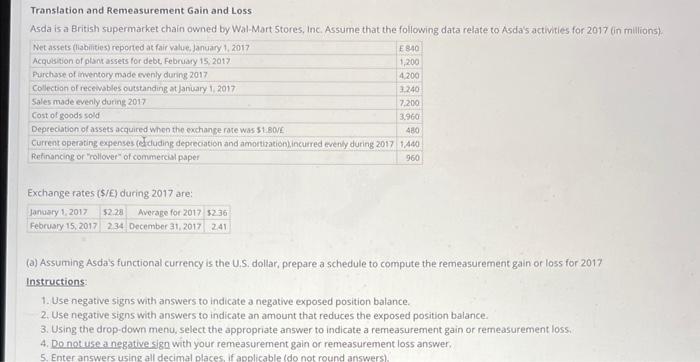 Translation and Remeasurement Gain and Loss Asda is a | Chegg.com