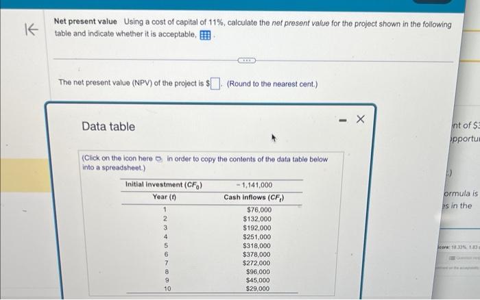 Solved Net present value Using a cost of capital of 11%, | Chegg.com