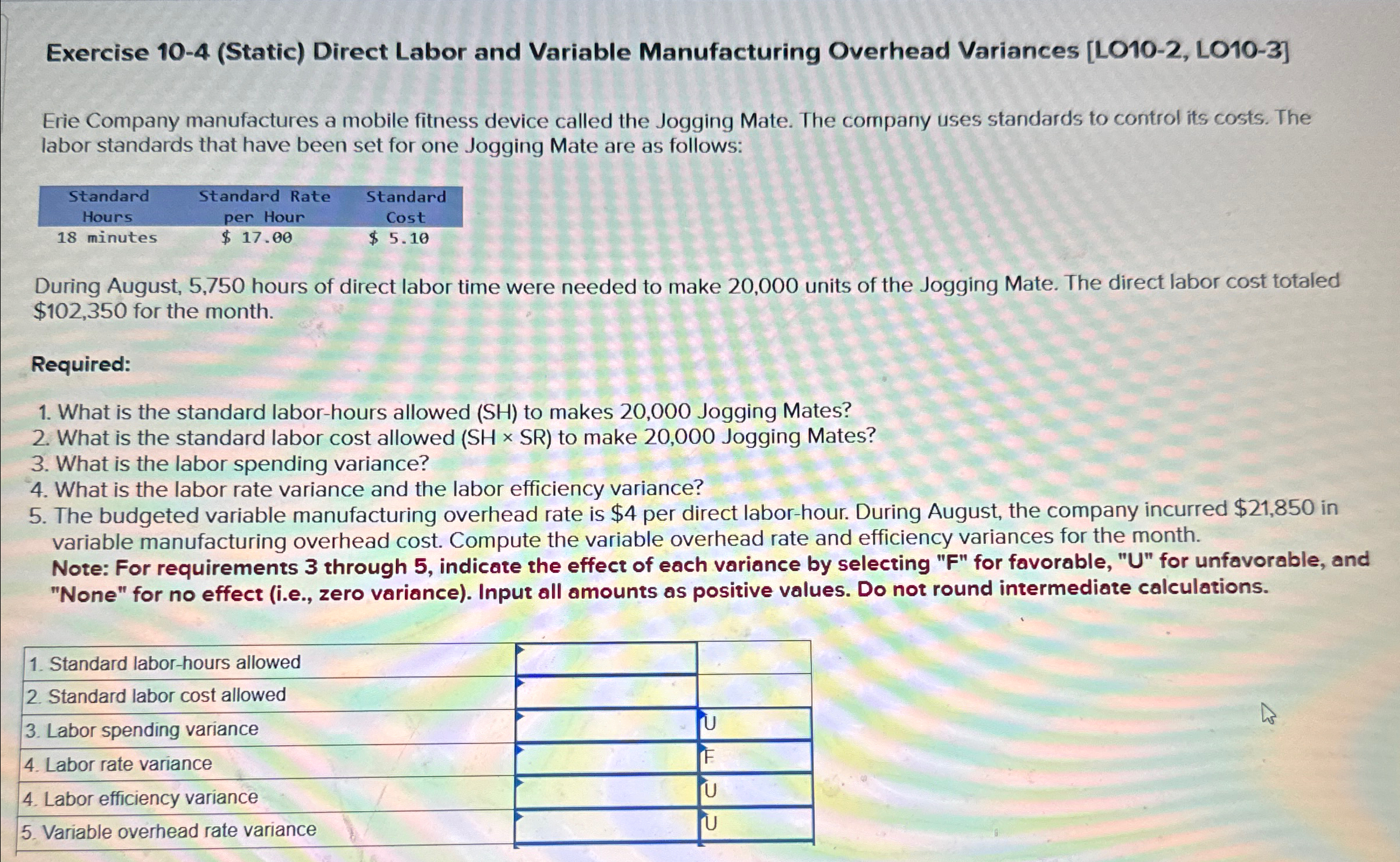 Solved Exercise 10-4 (Static) ﻿Direct Labor and Variable | Chegg.com