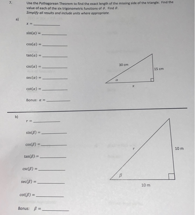 Solved 7. Use the Pythagorean Theorem to find the exact | Chegg.com