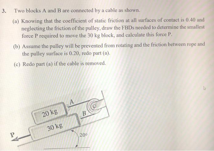 Solved Two blocks A and B are connected by a cable as shown. | Chegg.com